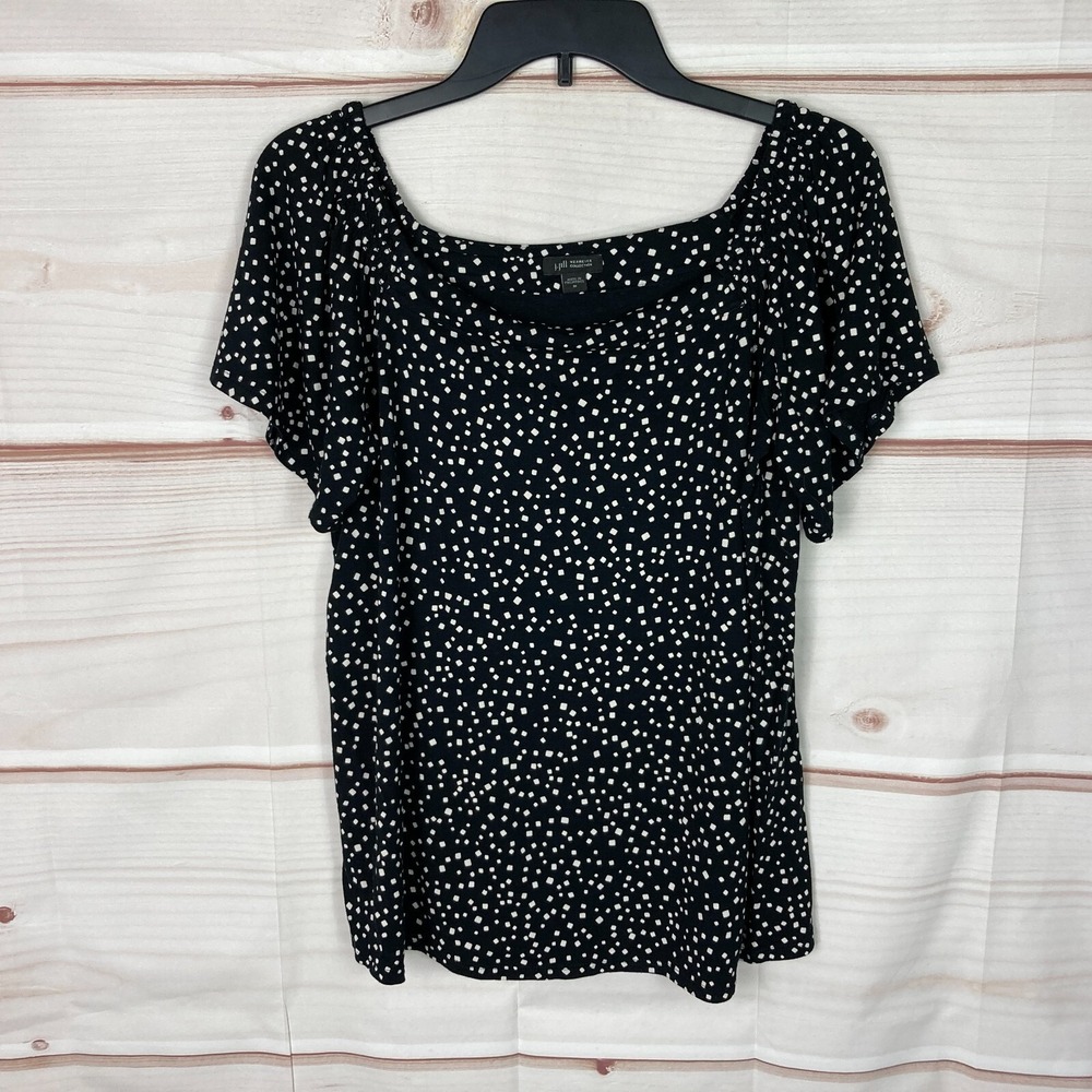 J. Jill Top Womens M Black Blouse Wearever Print Flutter Sleeve Square Neck Knit